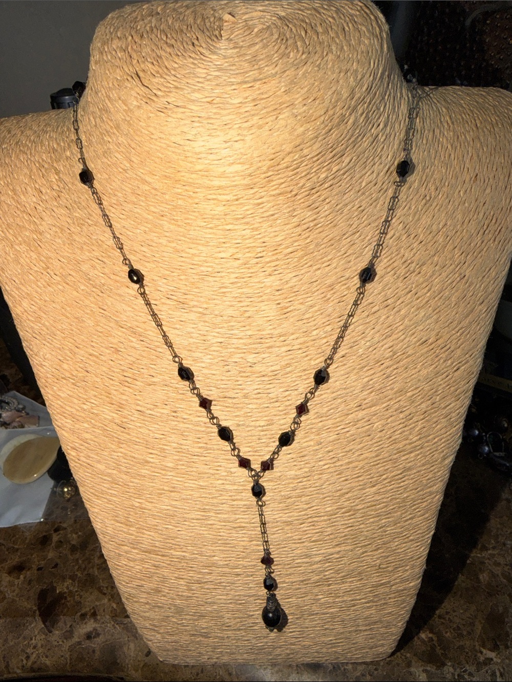 Delicate Black onyx Bead Y‑Drop Necklace Sterling Silver handcrafted vintage